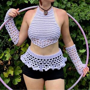 Handmade Crochet Fairy 4 Piece Set Crop Top Micro Skirt Arm Warmers S